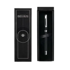 BOLIGRAFO BELIUS TURBO ALUMINIO TEXTURA PUNTEADA COLOR NEGRO Y PLATEADO TINTA AZUL CAJA DE DISEÑO