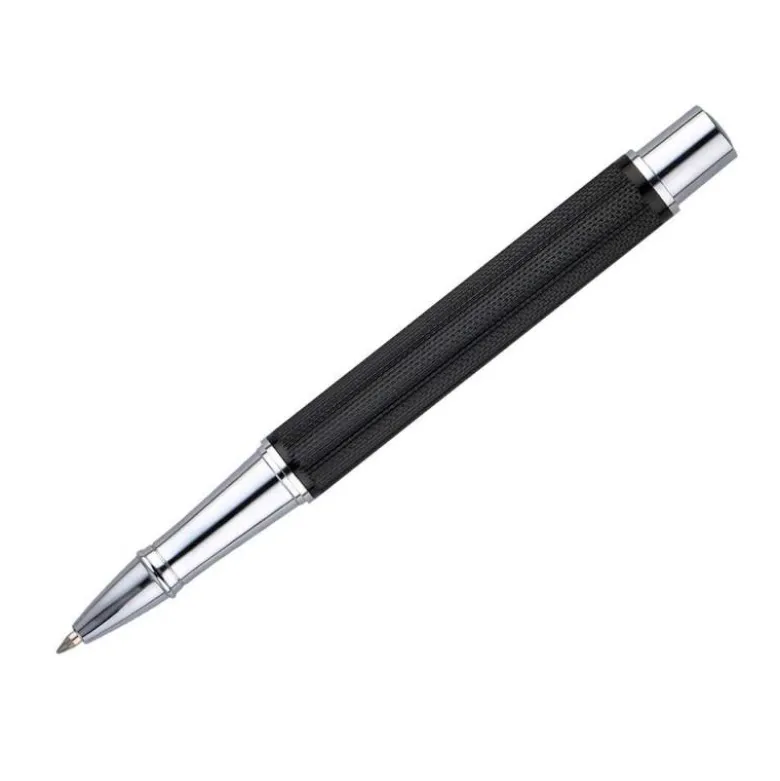 BOLIGRAFO BELIUS TURBO ALUMINIO TEXTURA PUNTEADA COLOR NEGRO Y PLATEADO TINTA AZUL CAJA DE DISEÑO