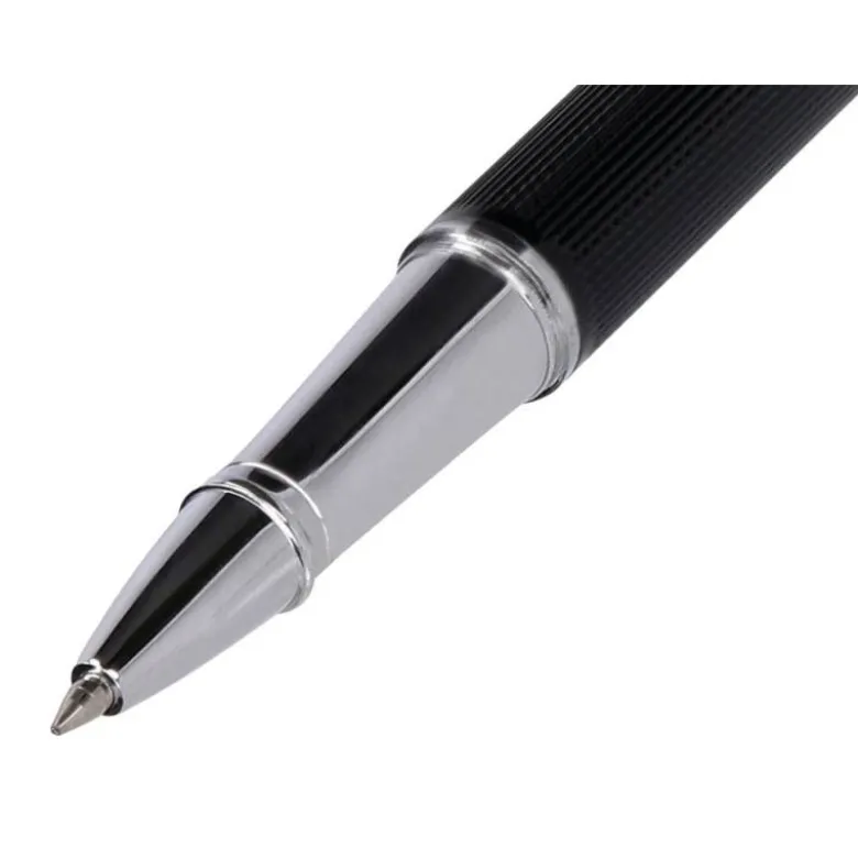 BOLIGRAFO BELIUS TURBO ALUMINIO TEXTURA PUNTEADA COLOR NEGRO Y PLATEADO TINTA AZUL CAJA DE DISEÑO