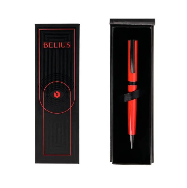 BOLIGRAFO BELIUS TURBO ALUMINIO COLOR ROJO Y NEGRO TINTA AZUL CAJA DE DISEÑO