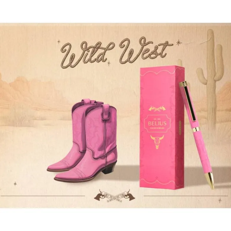 BOLIGRAFO BELIUS WILD WEST ALUMINIO COLOR ROSA DORADO TINTA COLOR AZUL CAJA DE DISEÑO
