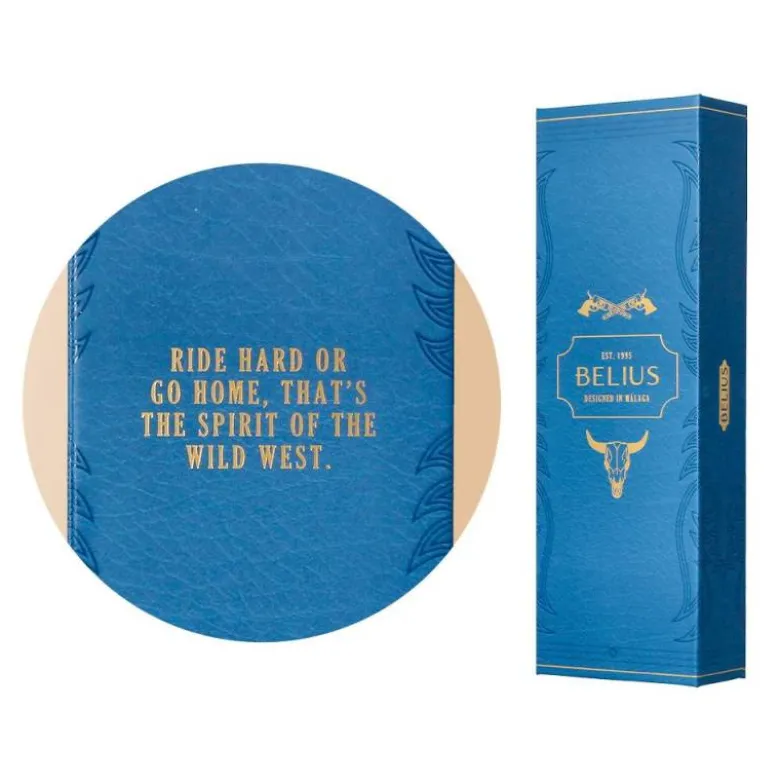 BOLIGRAFO BELIUS WILD WEST ALUMINIO COLOR AZUL MARINO DORADO TINTA COLOR AZUL CAJA DE DISEÑO