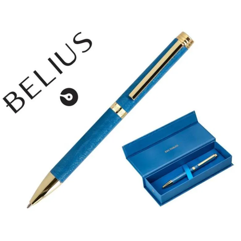 BOLIGRAFO BELIUS WILD WEST ALUMINIO COLOR AZUL MARINO DORADO TINTA COLOR AZUL CAJA DE DISEÑO