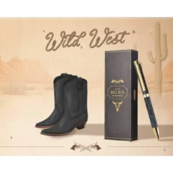 BOLIGRAFO BELIUS WILD WEST ALUMINIO COLOR NEGRO DORADO TINTA COLOR AZUL CAJA DE DISEÑO