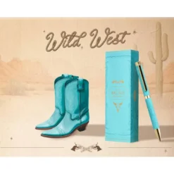 BOLIGRAFO BELIUS WILD WEST ALUMINIO COLOR TURQUESA DORADOTINTA COLOR AZUL CAJA DE DISEÑO