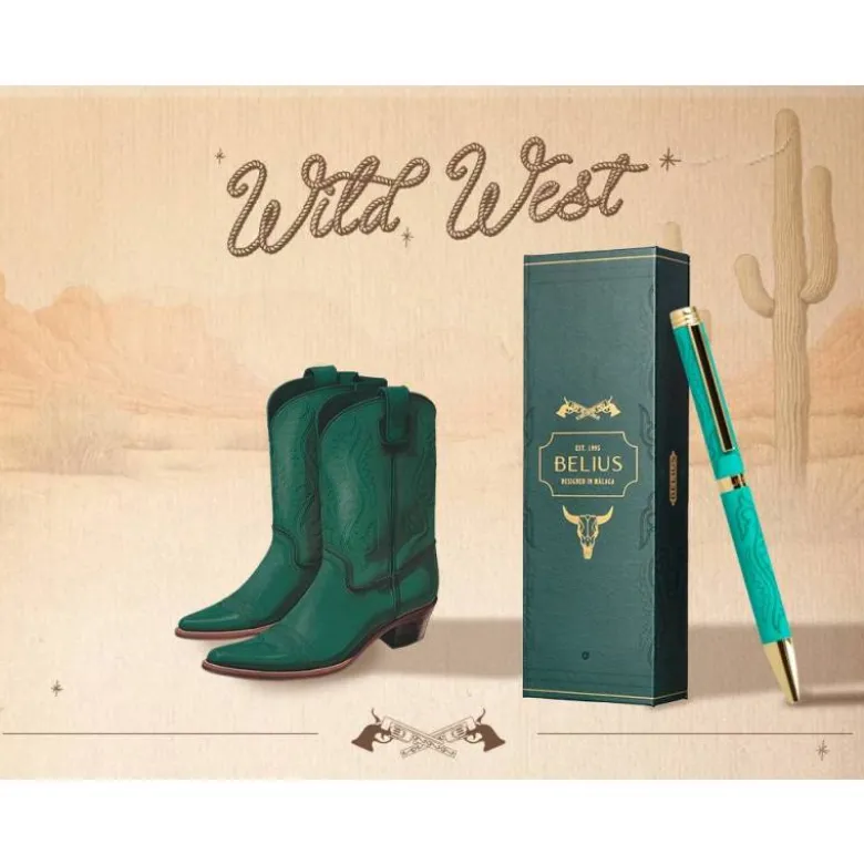 BOLIGRAFO BELIUS WILD WEST ALUMINIO COLOR VERDE TINTA COLOR AZUL CAJA DE DISEÑO