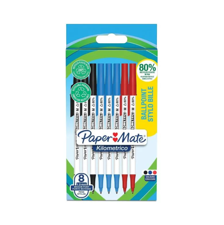 BOLIGRAFO PAPER MATE KILOMETRICO PUNTA 1 MM PLASTICO RECICLADO 80% BLISTER DE 3 NEGROS / 3
