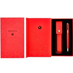 BOLIGRAFO Y ESTUCHE BELIUS PASSION DOR ALUMINIO TEXTURA CEPILLADA COLOR ROJO Y DORADO TINTA AZUL CAJA DE DISEÑO