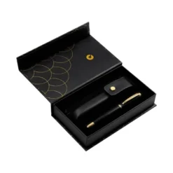 BOLIGRAFO Y ESTUCHE BELIUS PASSION DOR ALUMINIO TEXTURA CEPILLADA COLOR NEGRO Y DORADO TINTA AZUL CAJA DISEÑO