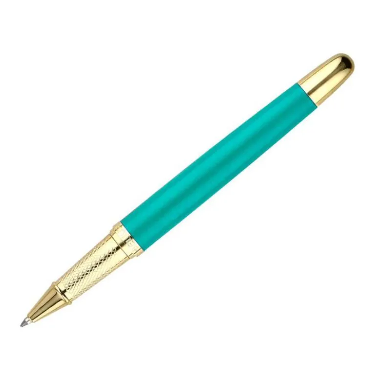 BOLIGRAFO Y ESTUCHE BELIUS SOIREE COLOR ART DECO TURQUESA Y DORADO TINTA AZUL CAJA DE DISEÑO