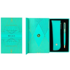 BOLIGRAFO Y ESTUCHE BELIUS SOIREE COLOR ART DECO TURQUESA Y DORADO TINTA AZUL CAJA DE DISEÑO