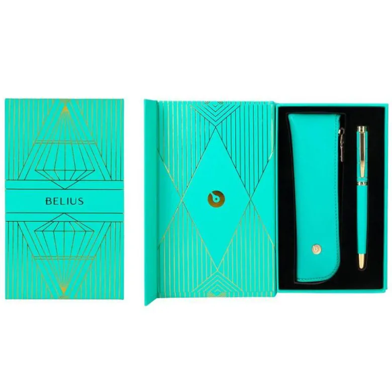 BOLIGRAFO Y ESTUCHE BELIUS SOIREE COLOR ART DECO TURQUESA Y DORADO TINTA AZUL CAJA DE DISEÑO