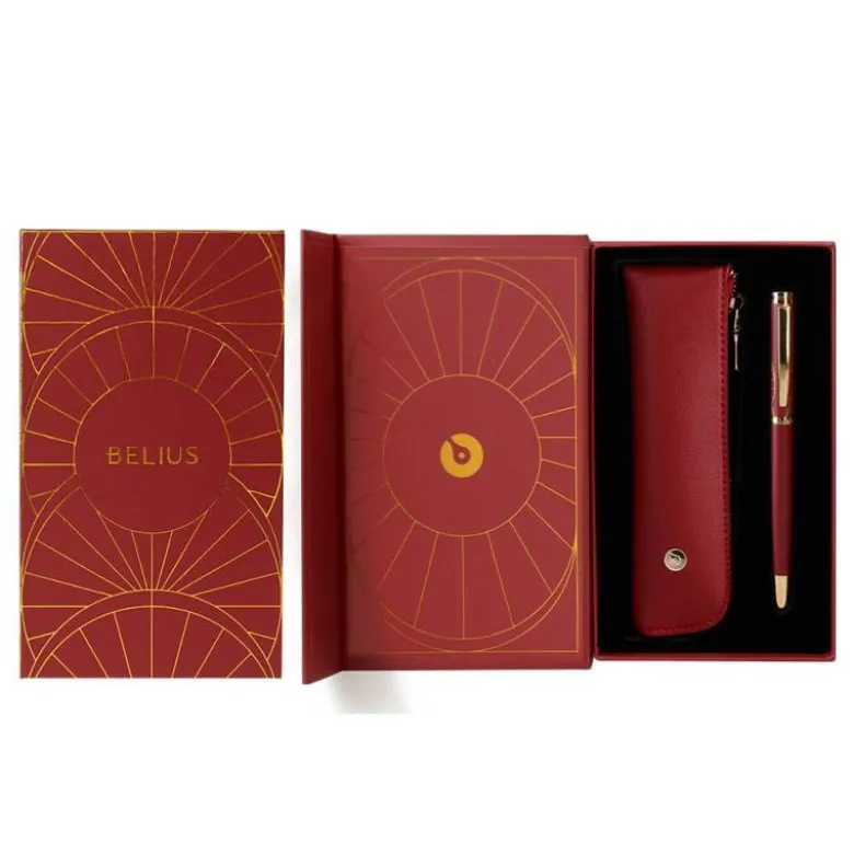 BOLIGRAFO Y ESTUCHE BELIUS SOIREE COLOR ART DECO GRANATE Y DORADO TINTA AZUL CAJA DE DISEÑO