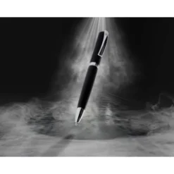 BOLIGRAFO Y ESTUCHE BELIUS TURBO ALUMINIO TEXTURA PUNTEADA NEGRO Y PLATEADO TINTA AZUL CAJA DE DISEÑO