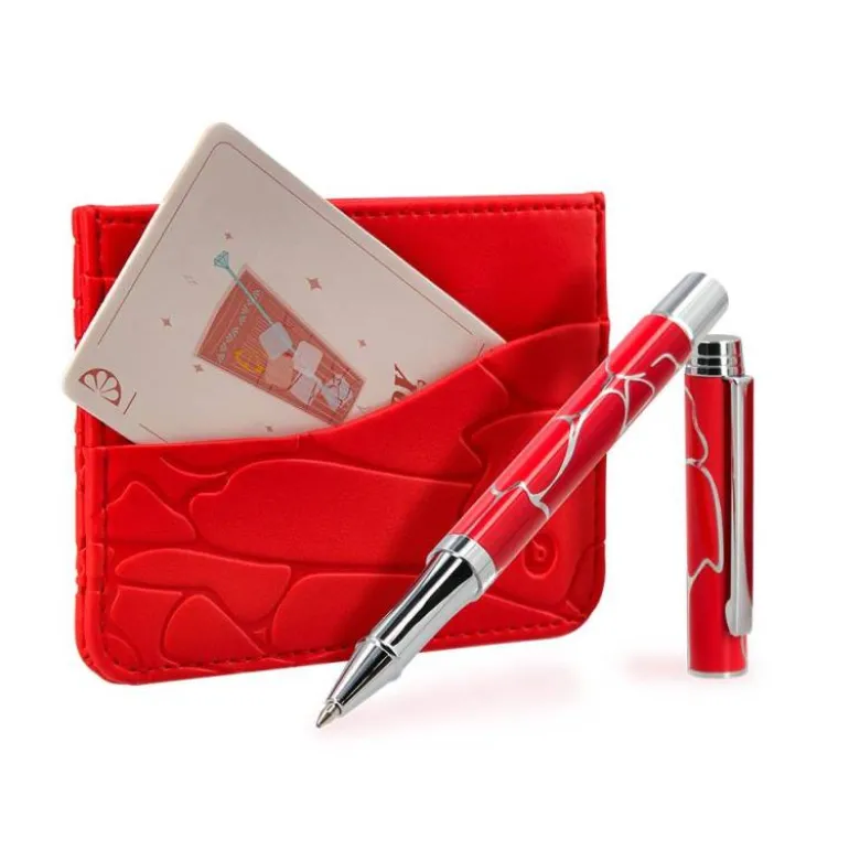 BOLIGRAFO Y WALLET BELIUS COCKTAILS BLOODY MARY ALUMINIOROJO PLATEADO RELIEVE TINTA COLOR AZUL CAJA DE DISEÑO