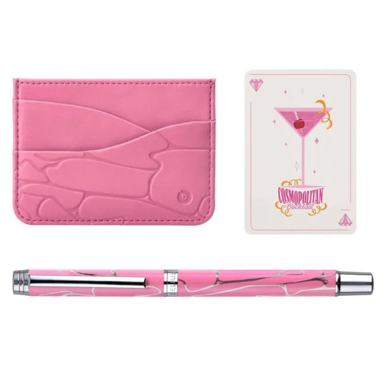 BOLIGRAFO Y WALLET BELIUS COCKTAILS COSMOPOLITAN ALUMINIO ROSA PLATEADO RELIEVETINTA COLOR AZUL CAJA DISEÑO