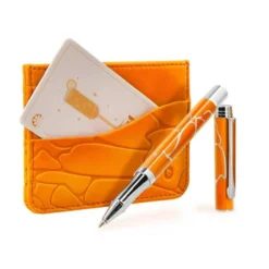 BOLIGRAFO Y WALLET BELIUS COCKTAILS MIMOSA ALUMINIO NARANJA PLATEADO RELIEVE TINTACOLOR AZUL CAJA DE DISEÑO