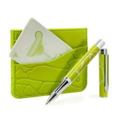 BOLIGRAFO Y WALLET BELIUS COCKTAILS MARGARITA ALUMINIO VERDE LIMA PLATEADO RELIEVE TINTA COLOR AZUL CAJA DE