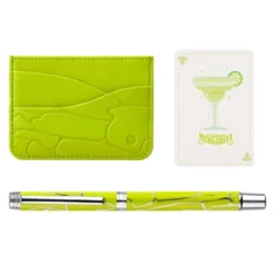 BOLIGRAFO Y WALLET BELIUS COCKTAILS MARGARITA ALUMINIO VERDE LIMA PLATEADO RELIEVE TINTA COLOR AZUL CAJA DE