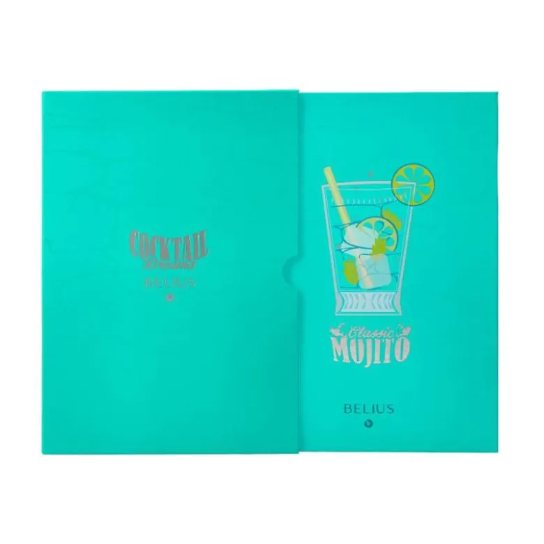 BOLIGRAFO Y WALLET BELIUS COCKTAILS MOJITO ALUMINIO VERDE PLATEADO RELIEVE TINTA COLOR AZUL CAJA DE DISEÑO