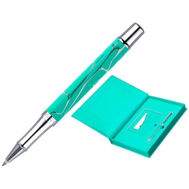 BOLIGRAFO Y WALLET BELIUS COCKTAILS MOJITO ALUMINIO VERDE PLATEADO RELIEVE TINTA COLOR AZUL CAJA DE DISEÑO