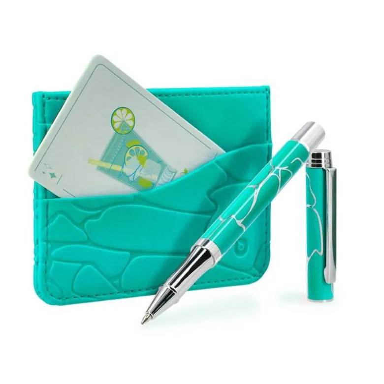 BOLIGRAFO Y WALLET BELIUS COCKTAILS MOJITO ALUMINIO VERDE PLATEADO RELIEVE TINTA COLOR AZUL CAJA DE DISEÑO