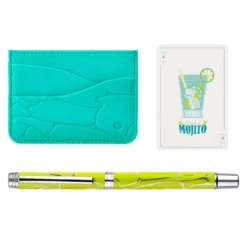 BOLIGRAFO Y WALLET BELIUS COCKTAILS MOJITO ALUMINIO VERDE PLATEADO RELIEVE TINTA COLOR AZUL CAJA DE DISEÑO