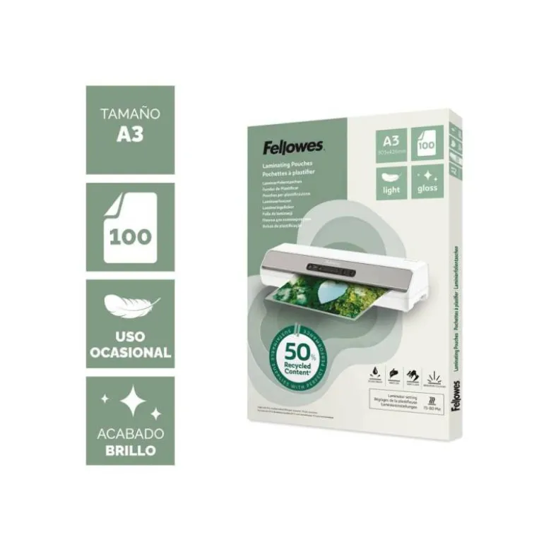 BOLSA DE PLASTIFICAR FELLOWES RECICLADAS BRILLO DIN A3 80 MC PACK DE 100 UNIDADES
