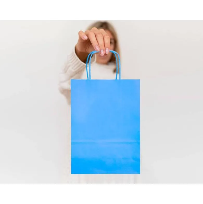 BOLSA PAPEL Q-CONNECT CELULOSA CELESTE L CON ASA RETORCIDA 320X400X14 MM