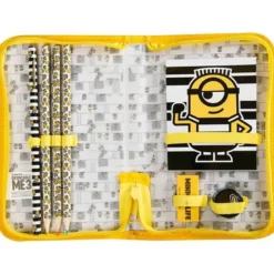 BOLSO PORTATODO CON CREMALLERA MINIONS CON LIBRETA GOMA SACAPUNTAS Y LAPICES COLORES