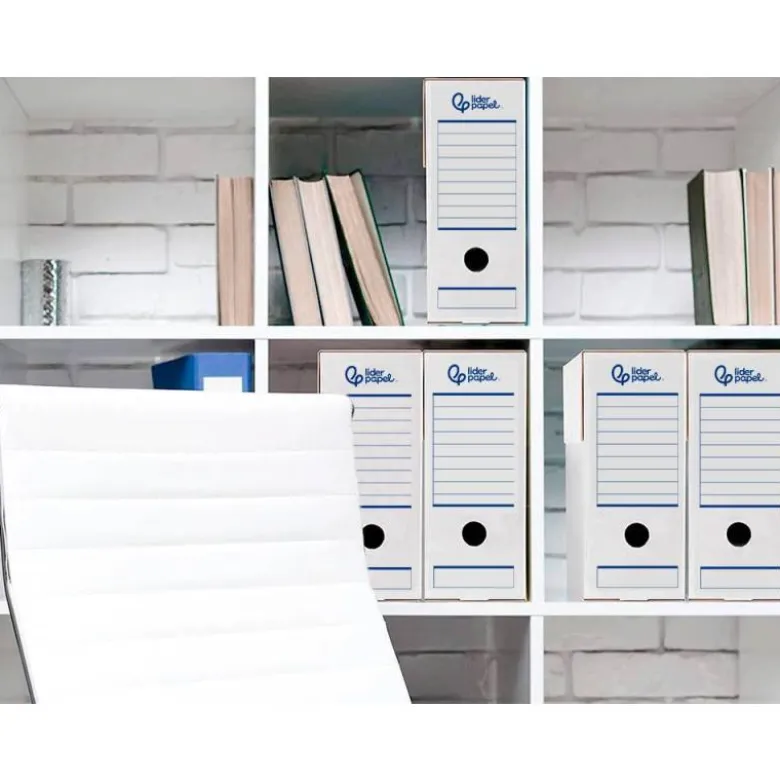 CAJA ARCHIVO DEFINITIVO AUTOMATICA LIDERPAPEL DIN A4 CARTON RECICLADO 325G/M2 LOMO 100 MM BLANCO 360X100X255MM