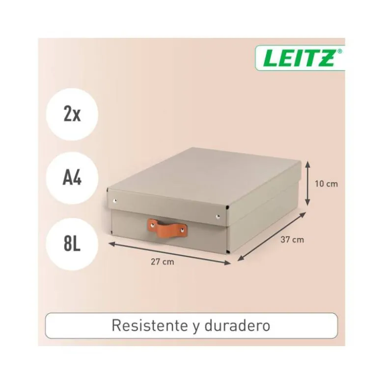 CAJA DE ALMACENAJE LEITZ CARTON MEDIANA BAJA CON ASA DE PIEL COLOR BEIGE PACK DE 2 UNIDADES