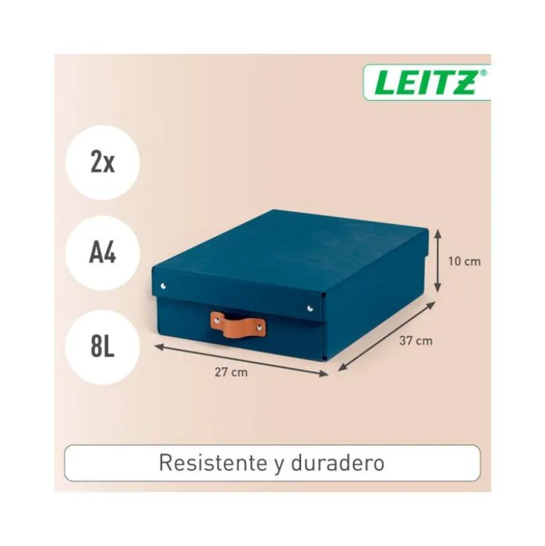 CAJA DE ALMACENAJE LEITZ CARTON MEDIANA BAJA CON ASA DE PIEL COLOR AZUL PACK DE 2 UNIDADES
