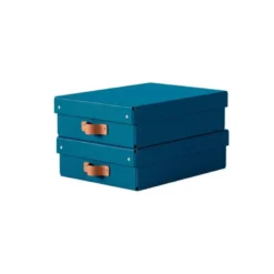 CAJA DE ALMACENAJE LEITZ CARTON MEDIANA BAJA CON ASA DE PIEL COLOR AZUL PACK DE 2 UNIDADES
