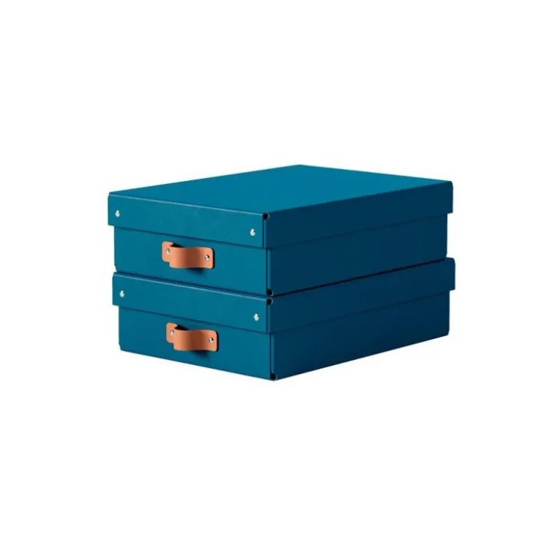 CAJA DE ALMACENAJE LEITZ CARTON MEDIANA BAJA CON ASA DE PIEL COLOR AZUL PACK DE 2 UNIDADES