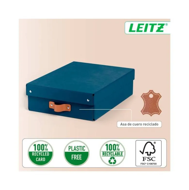 CAJA DE ALMACENAJE LEITZ CARTON MEDIANA BAJA CON ASA DE PIEL COLOR AZUL PACK DE 2 UNIDADES