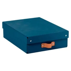 CAJA DE ALMACENAJE LEITZ CARTON MEDIANA BAJA CON ASA DE PIEL COLOR AZUL PACK DE 2 UNIDADES