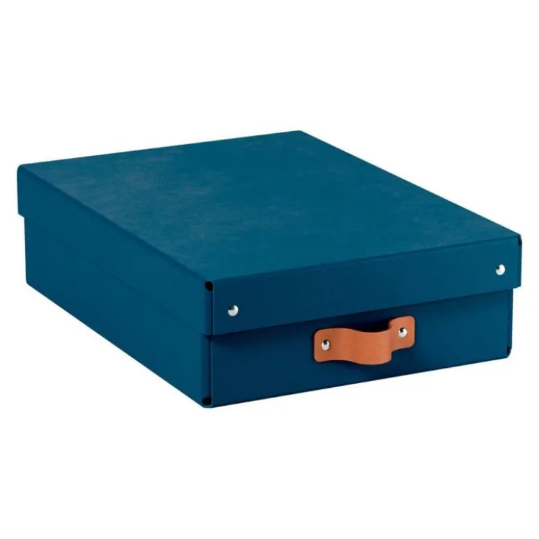 CAJA DE ALMACENAJE LEITZ CARTON MEDIANA BAJA CON ASA DE PIEL COLOR AZUL PACK DE 2 UNIDADES
