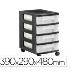CAJONERA ARCHIVO 2000 4 CAJONES TRANSPARENTE CARCASA NEGRA 6 LITROS CON RUEDAS 390X290X480 MM