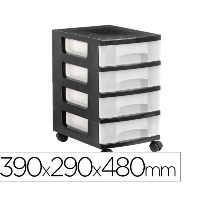 CAJONERA ARCHIVO 2000 4 CAJONES TRANSPARENTE CARCASA NEGRA 6 LITROS CON RUEDAS 390X290X480 MM