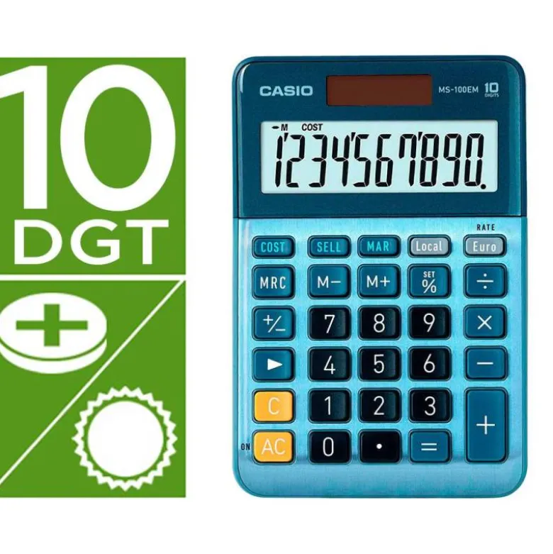 CALCULADORA CASIO MS-100EM SOBREMESA 10 DIGITOS TX +/- TECLA DOBLE CERO COLOR AZUL