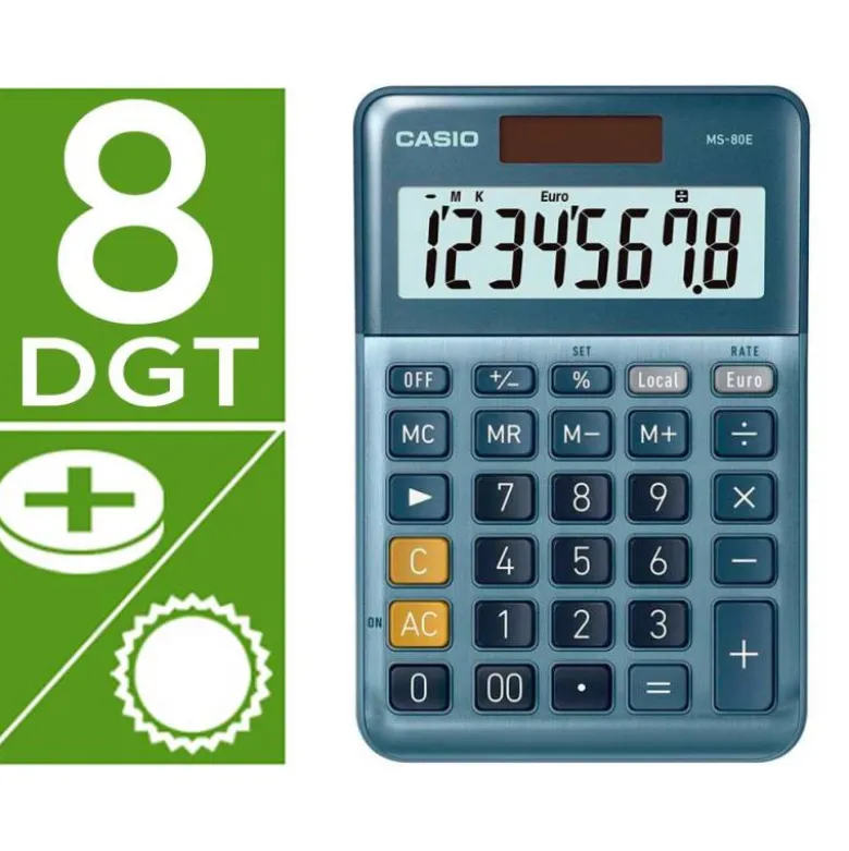 CALCULADORA CASIO MS-80E SOBREMESA 8 DIGITOS TX +/- TECLA DOBLE CERO COLOR AZUL
