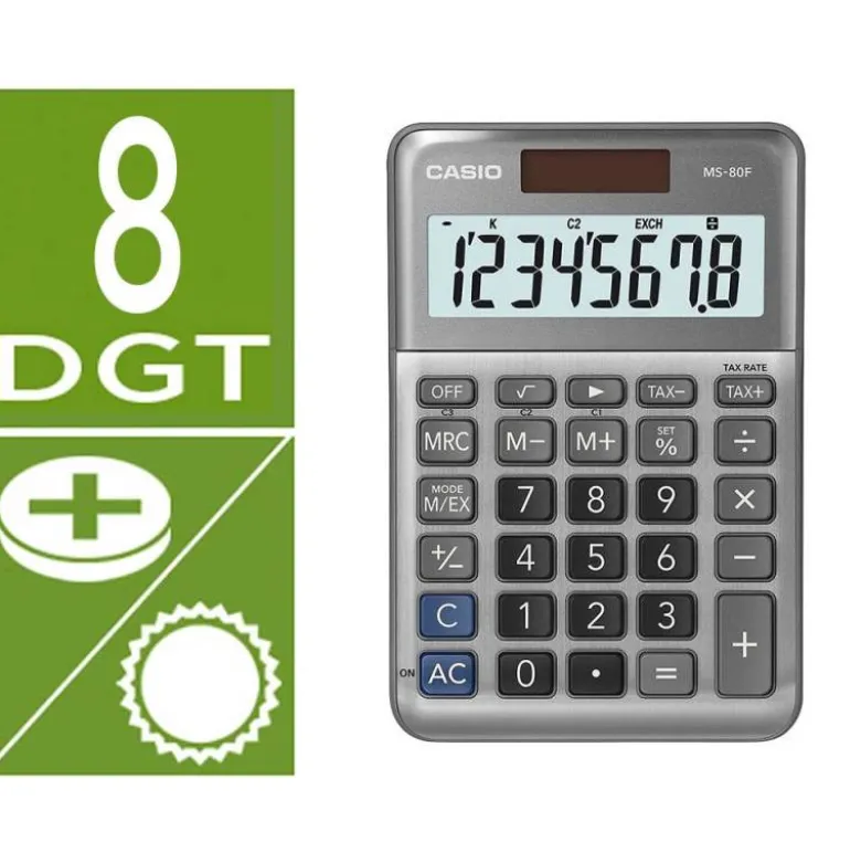 CALCULADORA CASIO MS-80F SOBREMESA 8 DIGITOS TAX +/- COLOR PLATA