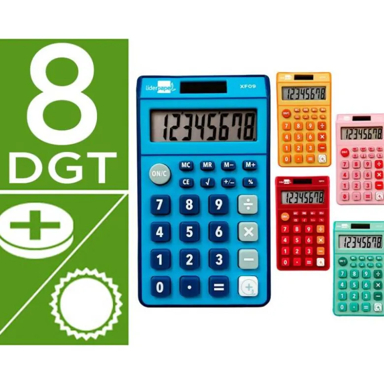 CALCULADORA LIDERPAPEL BOLSILLO XF14 8 DIGITOS SOLAR Y PILAS 115X65X8 MM EXPOSITOR DE 16 UNIDADES COLORES