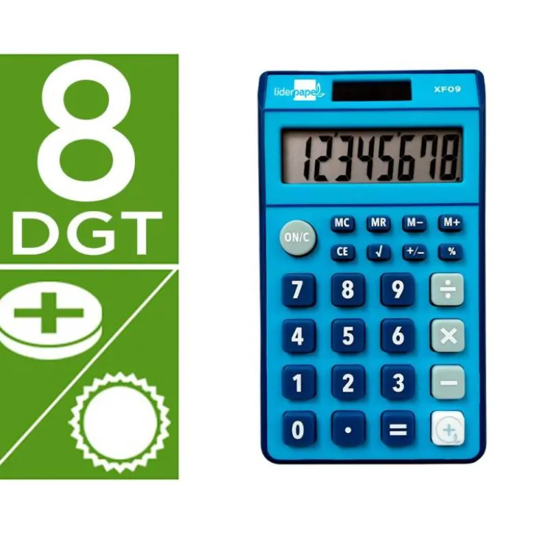 CALCULADORA LIDERPAPEL BOLSILLO XF09 8 DIGITOS SOLAR Y PILAS COLOR AZUL 115X65X8 MM