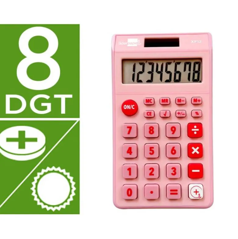 CALCULADORA LIDERPAPEL BOLSILLO XF12 8 DIGITOS SOLAR Y PILAS COLOR ROSA 115X65X8 MM