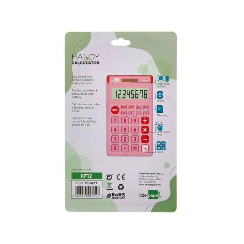 CALCULADORA LIDERPAPEL BOLSILLO XF12 8 DIGITOS SOLAR Y PILAS COLOR ROSA 115X65X8 MM