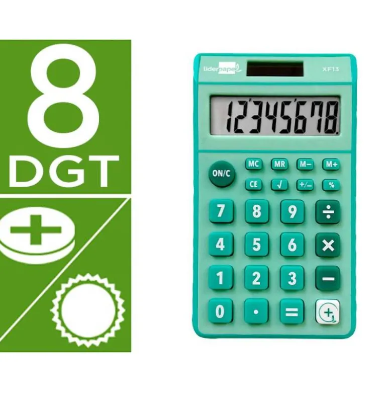 CALCULADORA LIDERPAPEL BOLSILLO XF13 8 DIGITOS SOLAR Y PILAS COLOR VERDE 115X65X8 MM
