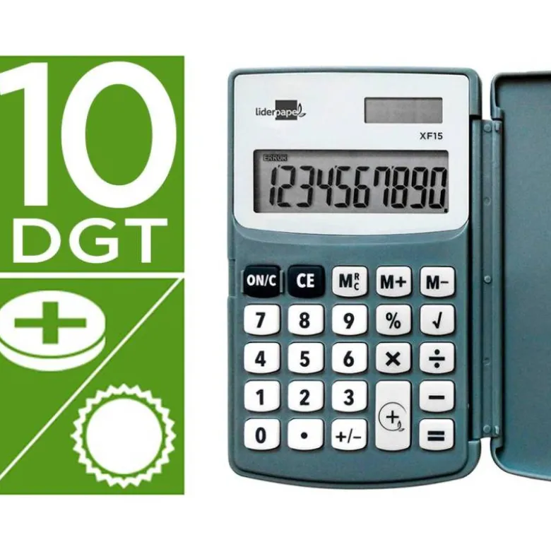 CALCULADORA LIDERPAPEL BOLSILLO XF15 10 DIGITOS CON TAPA SOLAR Y PILAS COLOR GRIS 123X75X12 MM
