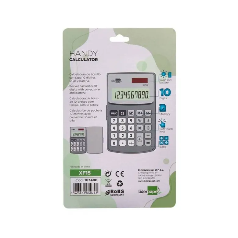 CALCULADORA LIDERPAPEL BOLSILLO XF15 10 DIGITOS CON TAPA SOLAR Y PILAS COLOR GRIS 123X75X12 MM